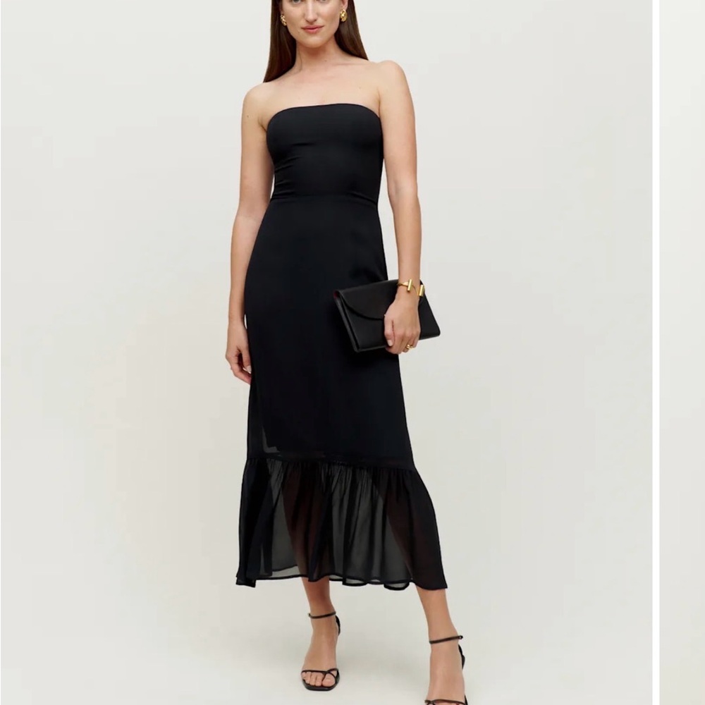 Reformation Elegant Black Strapless Midi Dress